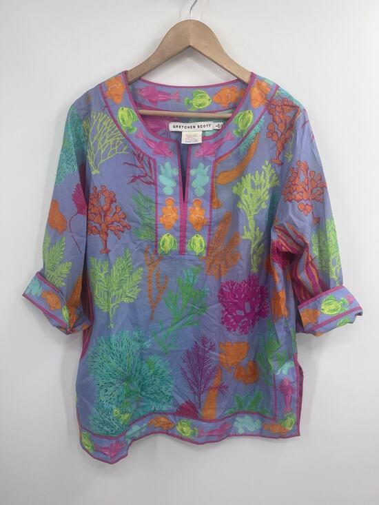 Gretchen Scott Tops - Gretchen Scott Fish Sea Ocean Vibrant Color Print Tunic Swim Cover L 100% Cotton